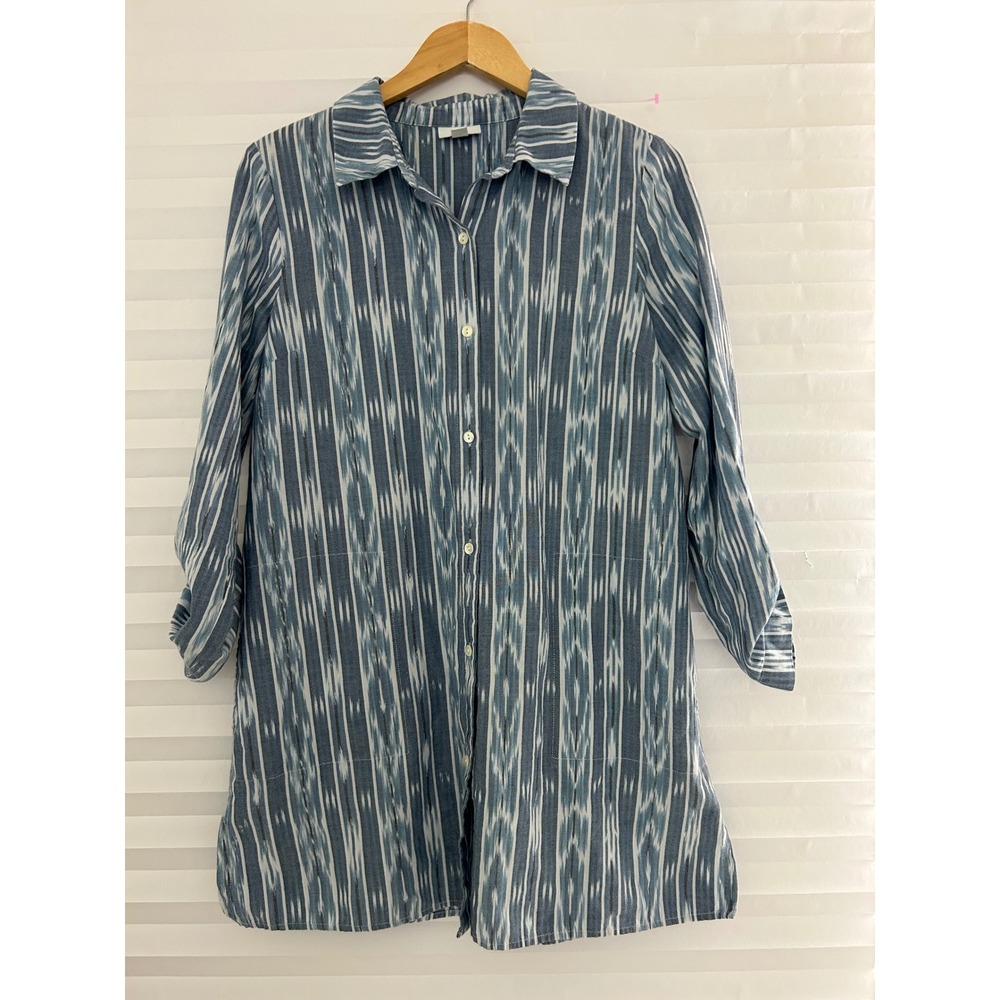 Pure Jill J.‎ Jill Blue Ikat Stripe Cotton Button Down Tunic Roll Tab Sleeve M